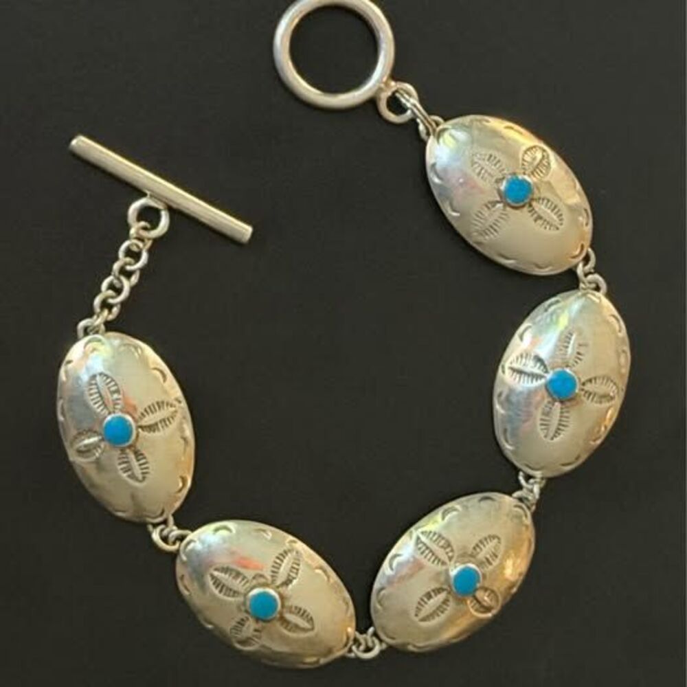 Vintage Navajo Sterling Silver Turquoise Bracelet – 8” Concho Bracelet